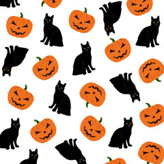Halloween pattern with pumpkin and black cat. Halloween background with pumpkin and black cat