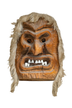 Tsch&auml;gg&auml;tta, carved wooden scary mask of frightening figure, tradition in L&ouml;tschental, Rh&ocirc;ne valley, Valais / Wallis, Swiss Alps, Switzerland