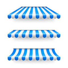 Shop sunshade. Realistic striped cafe awning. Outdoor market tent. Roof canopy. Summer street store. Vector illustration.