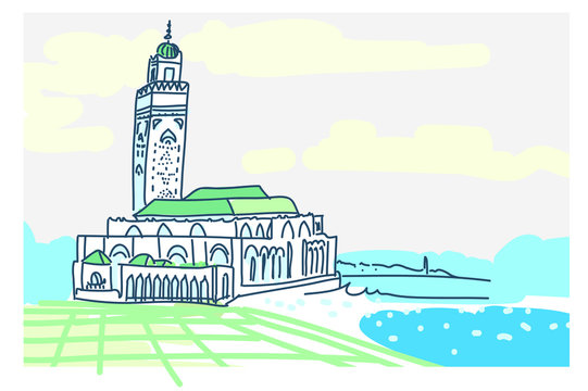 Vector urban sketch of ancient mosque. Morocco travel. Hand drawn vector illustration. Casablanca