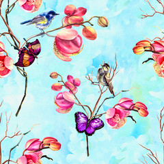 seamless pattern with pink orchids, twigs and butterflys