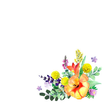 Bouquet of watercolor flowers. Design of invitations, wallpapers, cards, posters, background.