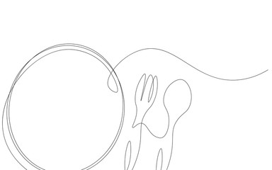 Restaurant background, fork, spoon and plate silhouette line drawing vector illustration