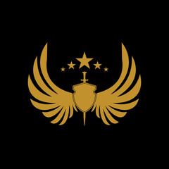 Gold winged sword with shield vector icon.