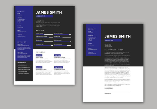 Black and White Resume Layout with Blue Sidebar Element