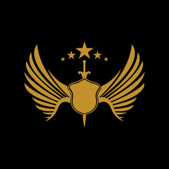 Gold winged sword with shield vector icon.