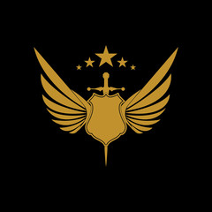 Gold winged sword with shield vector icon.