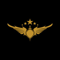 Gold winged sword with shield vector icon.