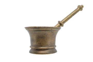 Old bronze mortar and pestle isolated on white background. Pestle in a mortar, plaque on the metal side of old age.