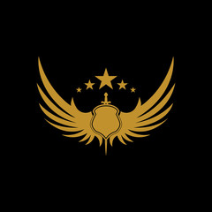 Obraz premium Gold winged sword with shield vector icon.