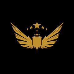 Gold winged sword with shield vector icon.