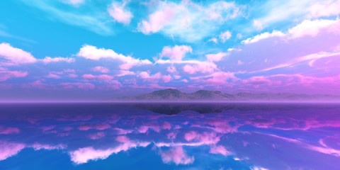 Naklejka premium The surface of the salt lake at sunset, the sky with clouds reflected in the mirror surface of the water, 3D rendering