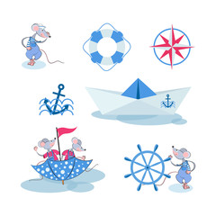 Obraz na płótnie Canvas Marine set. Mice sailors, anchor, helm, compass, umbrella and paper boat. Cartoon characters. Design for baby textiles. Year of the rat. Vector illustration on a white background.