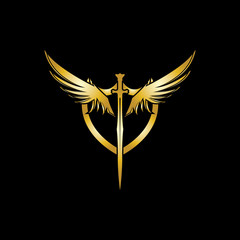 Gold winged sword with shield vector icon.