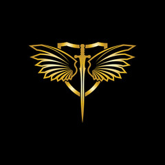 Gold winged sword with shield vector icon.