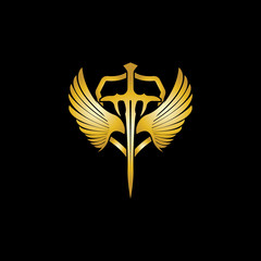 Gold winged sword with shield vector icon.