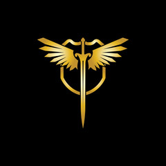 Gold winged sword with shield vector icon.