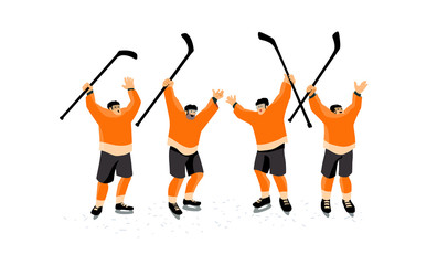Ice hockey players celebrate the victory. Team holding sticks above their heads. 