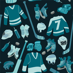 Ice Hockey seamless hand drawn pattern. Puck, equipment of hockey player with hockey-stick. 