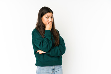 Fototapeta premium Young indian woman isolated on purple background scared and afraid.