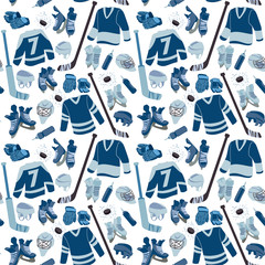 Ice Hockey seamless hand drawn pattern. Puck, equipment of hockey player with hockey-stick. 