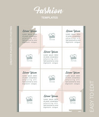 modern social media post feed, instagram feed, blue, pink, orange,  green, fashion,  minimalist.