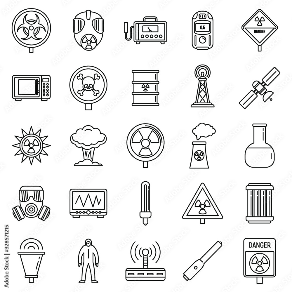 Poster toxic radiation icons set. outline set of toxic radiation vector icons for web design isolated on wh