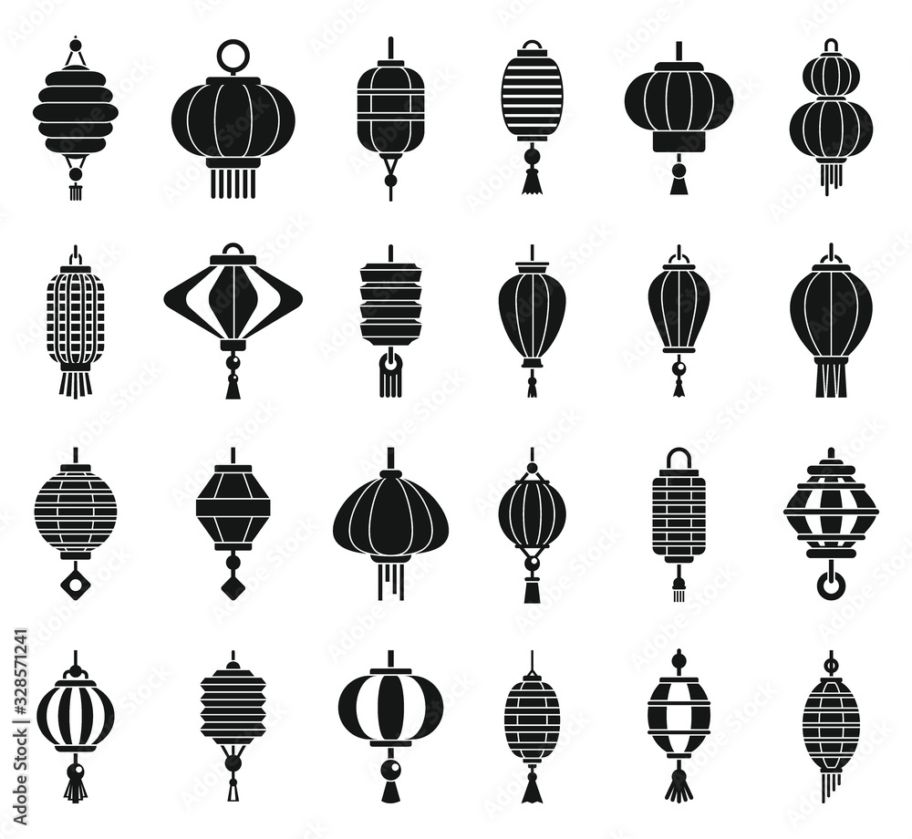 Poster chinese lantern light icons set. simple set of chinese lantern light vector icons for web design on 