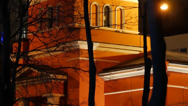 Church of Saints Athanasius and Cyril (Resurrection of Word) on Sivtsev Vrazhek is Orthodox church belonging to Central Deanery of Moscow City Diocese of Russian Orthodox Church. Evening illumination