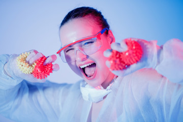 Stop epidemic coronavirus Medic woman in white hazmat protective respirator glasses. Concept panic...
