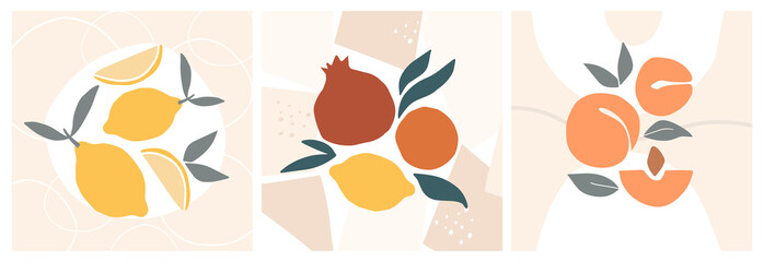 Abstraktes Stillleben in Pastellfarben Poster. Sammlung zeitgenössischer Kunst. Abstrakte Papierschnittelemente, Früchte für soziale Medien, Postkarten, Druck. Handgezeichnete Aprikose, Granatapfel, Zitronen. © Olly Kava
