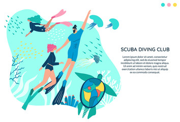 Fototapeta premium Scuba diving club vector banner with space for text. People swimming in ocean. Woman and man in a wetsuit or swimsuit snorkeling and exploring sea ​​bottom, fishes, corals, turtles. Water sports.