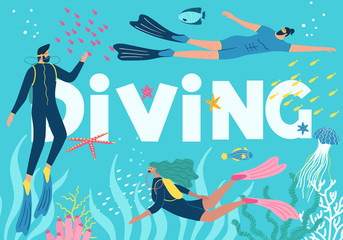 Scuba diving club vector illustration with letters on the background. People swimming in ocean. Woman and man in a wetsuit or swimsuit snorkeling and exploring sea ​​bottom.
