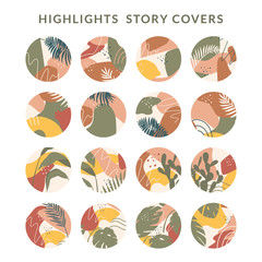 Collection of highlight story covers for social media. Pastel hand drawn backgrounds. Round elements and icons with dots, abstract shapes, lines, floral details, texture for your blog or website.