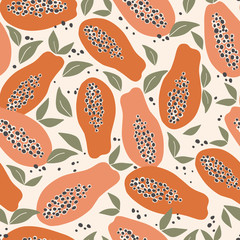 Seamless pattern with colorful abstract papaya, leaves, dots. Bright endless background for print or textile.