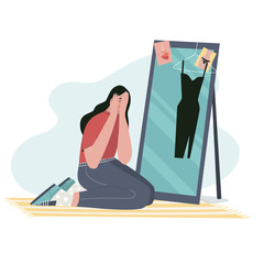 Girl crying in front of the mirror. Rejecting Yourself, Judging Yourself, Mental Disorder and Emotional Problems concept. Flat cartoon vector illustration.