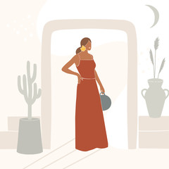 Abstract female shapes and silhouettes on retro summer background. Abstract women portraits in pastel colors. Contemporary art. Fashion paper cut elements for social media, posters, postcards, print.