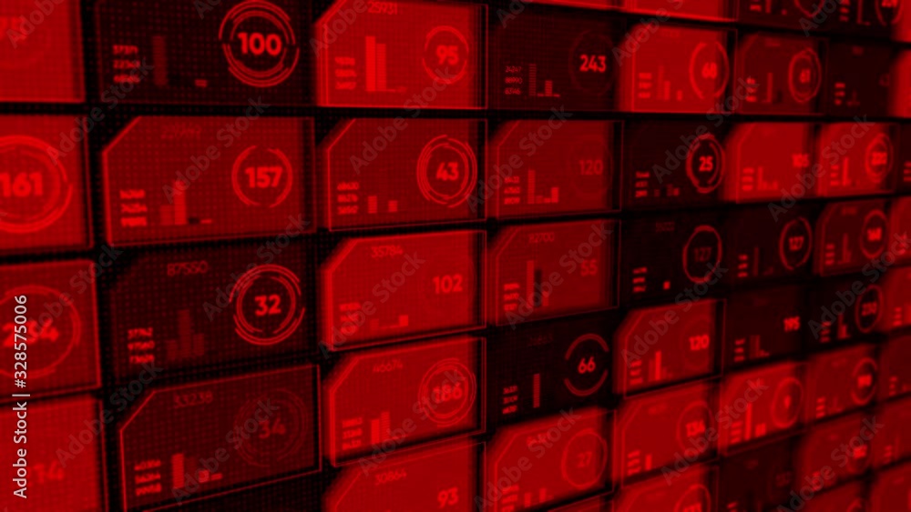 Poster abstract red rows of small cells with different numbers flowing down slowly on black background, sea