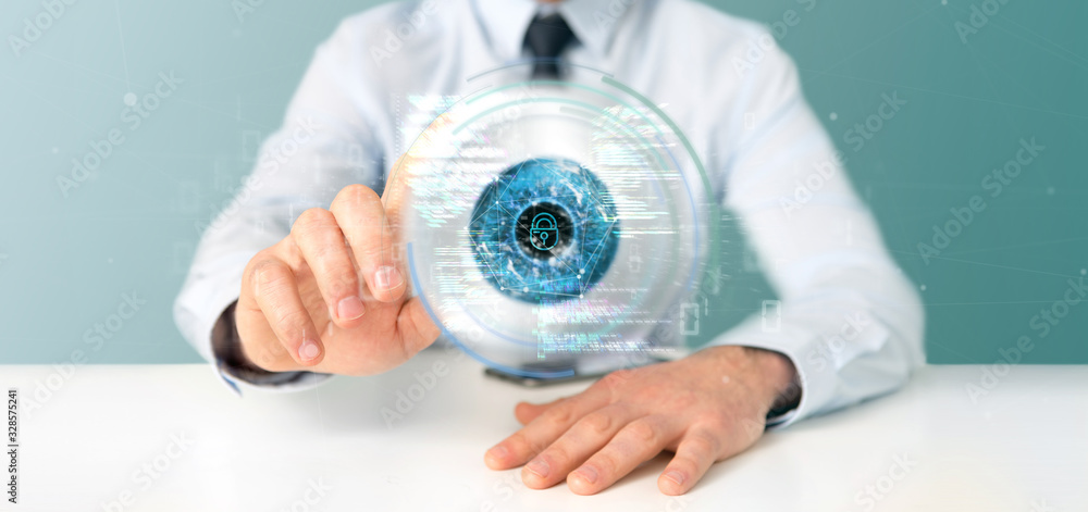Aufkleber businessman holding a visual recognition eye concept with data - 3d rendering