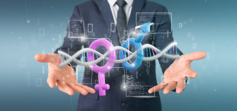 Businessman holding a DNA with data and male and female symbol - 3d rendering