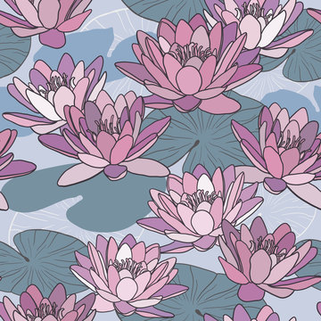 Vector seamless pattern with lotus flowers