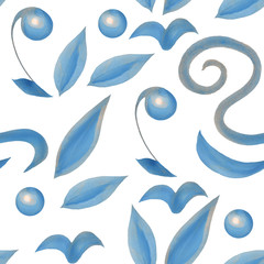 Seamless pattern on white background abstract shapes, blue  watercolor ornament with decorative spots and patterns. The artistic texture is suitable for textiles. Hand drawn watercolor 