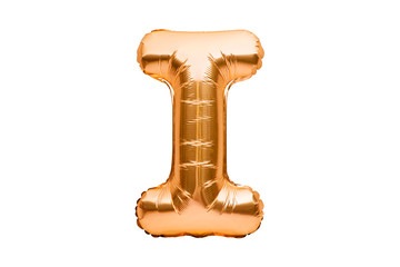 Letter I made of golden inflatable helium balloon isolated on white. Gold foil balloon font part of full alphabet set of upper case letters. Celebrating decoration