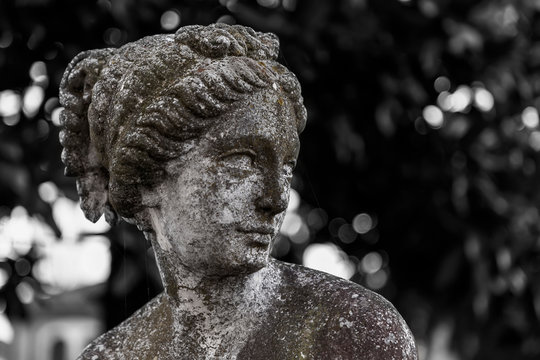 Primo piano di una scultura, statua, posta al centro del paese. Villadose, Rovigo.
