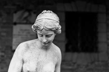 Statua, scultura, in marmo . Mezzobusto con sfondo un muro con finestra sbarrata. Villadose, Rovigo.