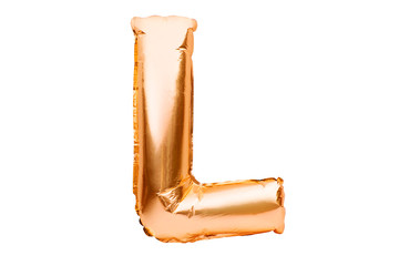 Letter L made of golden inflatable helium balloon isolated on white. Gold foil balloon font part of full alphabet set of upper case letters. Celebrating decoration