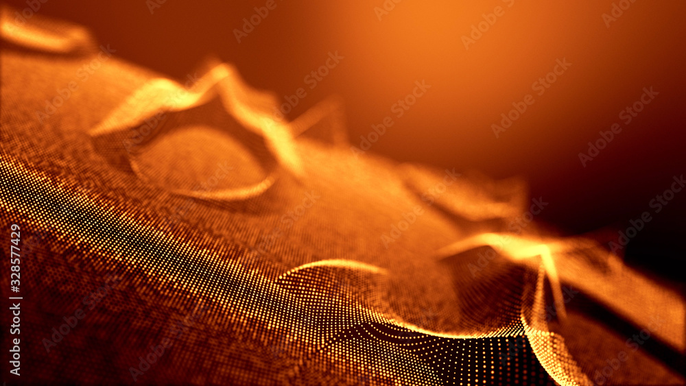 Poster abstract gold background of glow particles form lines, surfaces as futuristic structures in cyberspa