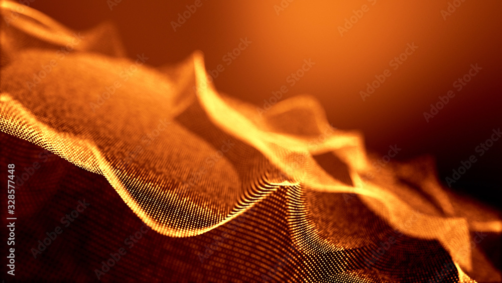 Poster abstract gold background of glow particles form lines, surfaces as futuristic structures in cyberspa