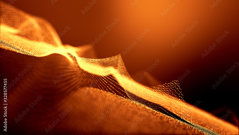 Poster abstract gold background of glow particles form lines, surfaces as futuristic structures in cyberspa