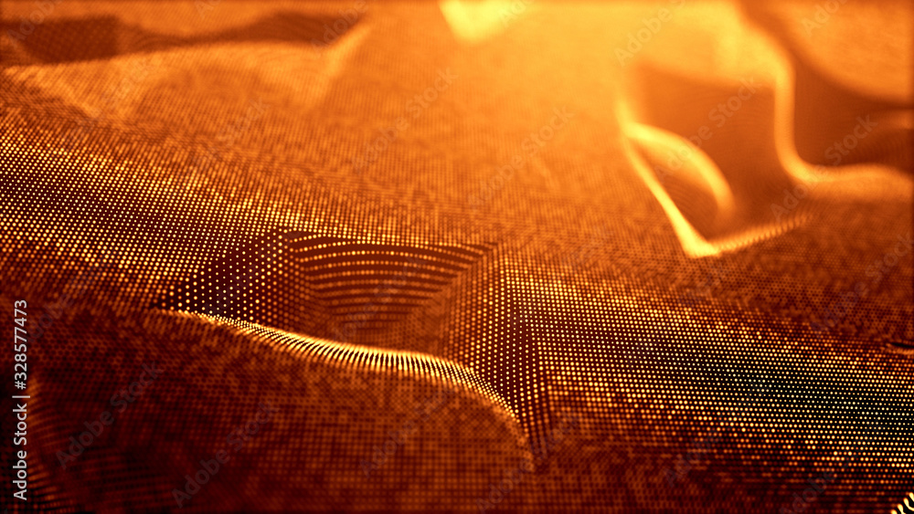 Poster abstract gold background of glow particles form lines, surfaces as futuristic structures in cyberspa